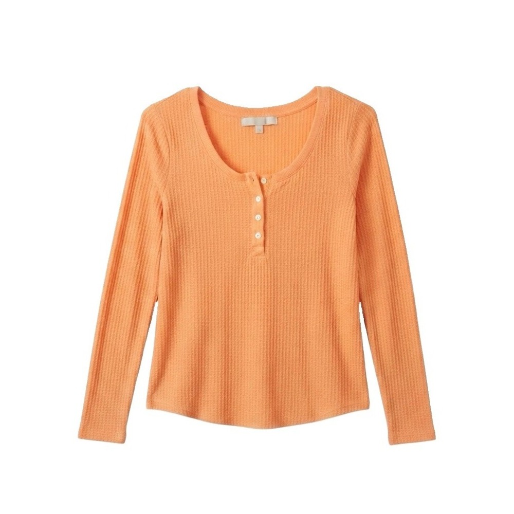 Loft Women's Size Small Waffle Knit Button Orange Henley Long Sleeve Pullover